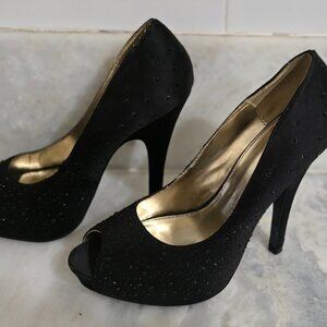 Black Rhinestone heel peep toe pumps